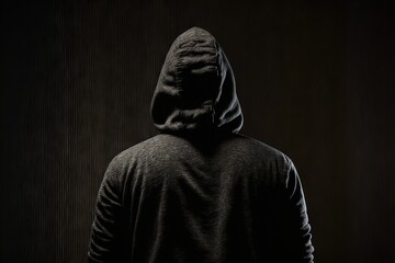  a man in a hooded jacket is standing in the dark with his back turned to the camera and his hood up is slightly open, and his eyes are slightly closed, and his eyes are slightly closed. generative ai