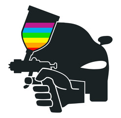Spray gun with colored paint in hand, silhouette of car painting for business