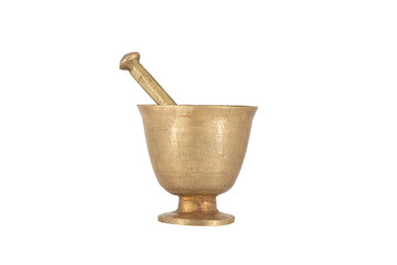 Antique brass mortar with pestle isolated on white background