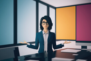 cartoon of a businesswoman showing office, ai generated