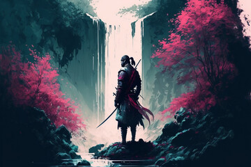Fototapeta na wymiar Generative AI brings to life: A Samurai Standing in a Waterfall Garden with Swords on the Ground