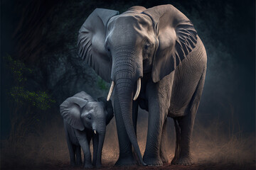 Fototapeta na wymiar a big elephant with cub in its natural habitat