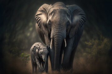 a big elephant with cub in its natural habitat