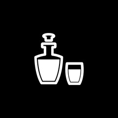 Brandy bottle and snifter glass icon isolated on black background.