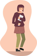 flat cartoon character of happy woman holding coffee and document 