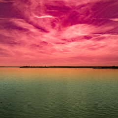 Fototapeta na wymiar Dramatic saturated sunset landscape of Lake Fort Phantom Hill in Abilene, Taylor and Jones Counties, Texas, USA
