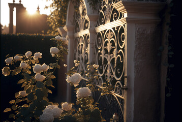 Morning sunshine adorable white roses Chinese classical walls and gates in the background,generative ai.