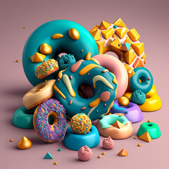 Fototapeta na wymiar Generative AI illustration of different kind of donuts, shepes and colors, pastel pattern a light colors, luxurious food concept theme