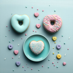 Generative AI illustration of a different kind of donut's set, valentine love theme, pastel colors