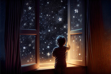 Child at window, the wonders of the night - By Generative AI	
