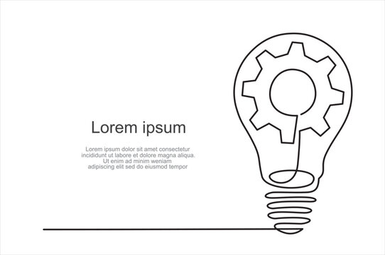 Continuous one single line drawing innovation Light bulb and gears inside icon vector illustration concept