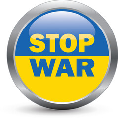 Stop War badge icon with Ukraine Flag colour background. Vector