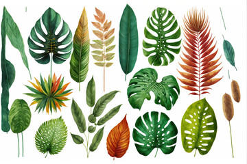 Tropical leaves and tropical plants set on white