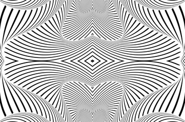  Abstract background with optical illusion wave. Black and white horizontal lines with wavy distortion effect for prints, web pages, template, posters, monochrome backgrounds and pattern