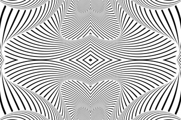  Abstract background with optical illusion wave. Black and white horizontal lines with wavy distortion effect for prints, web pages, template, posters, monochrome backgrounds and pattern