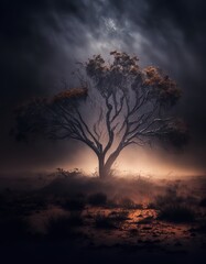 Fototapeta na wymiar large tree in the outbacks of Australia. Night storm path in the outback.