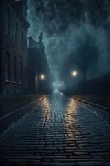 Obraz premium misty night stone road. Brick road at night. Fantasy horror night medieval street.