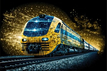 Generative AI global train business transport , yellow futuristic internet conexions digital world