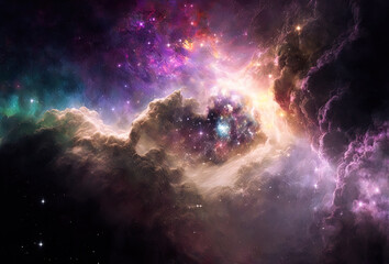 Galaxy in deep space, beautiful fantasy illustrative backdrop. Colorful illustration of space. Generative AI.