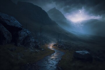 stone path at night in the mountains. 