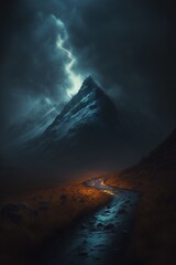 Fototapeta premium night storm path in the mountains. Lightning stormy sky.