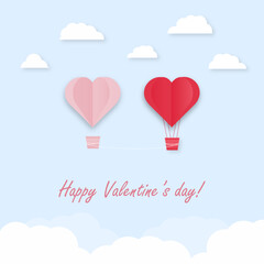 Balloons in the shape of a heart flying in the clouds. Postcard Happy Valentine's Day.