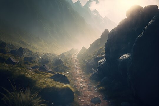 morning mist on the mountains. stones and rocks with a central small road. Small cliff path. 