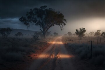fantasy night Savannah Africa dirt road. tropical Savannah Africa landscape path. Sunset African landscape. Acacia, Combretum, baobabs, Borassus, and Euphorbia vegetation.