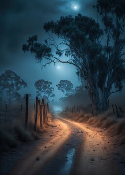 spooky night path with wood fence. Rural road. Savannah Africa night landscape.