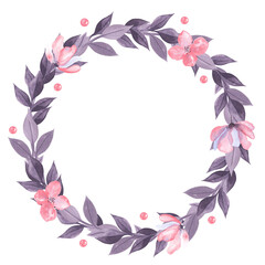 Fototapeta na wymiar Pink purple violet transparent skeleton leaf circle wreath frame border composition isolated on white background watercolor digital art