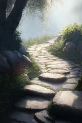 Fantasy medieval brick path. Stone road winding into the horizon.