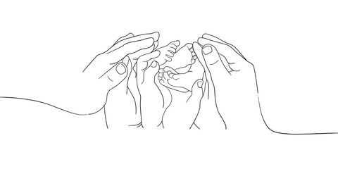 Continuous line drawing of happy family hands together. Happy young parents hugging his little daughter. Outline vector illustration