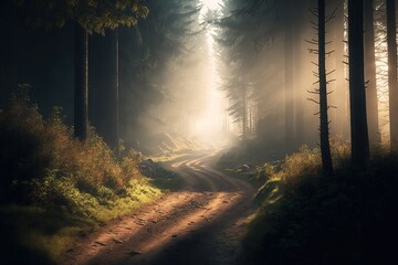dirt road in the woods. sunny forest path. sun rays shining through the trees. Path in the forest.