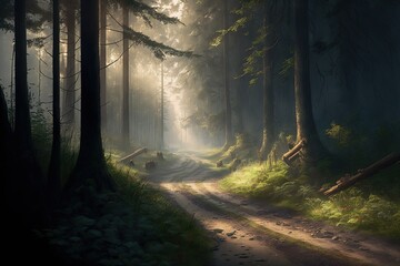 path in a early morning dew forest. sun shining through the tall trees. road in the forest. fantasy woods.