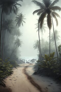 isolated beach shore with a small path leading to the blue tropical water sea.