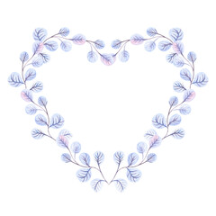 Floral wreath - heart shape violet lavender color leaves Watercolor for Valentine day, wedding