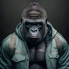 Gorilla wearing a Y2K outfit design aesthetic illustration made with Generative AI