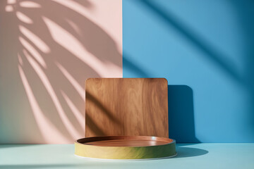 A wooden podium with a pastel-colored, wall background with leaf shadows, studio photography, minimal