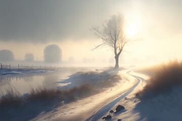 Snow landscape path. Winter sun. dry isolated tree. minimalist landscape.