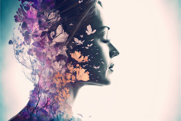 Naklejka na ściany i meble Side profile of a beautiful woman spring flowing flowers, generative ai
