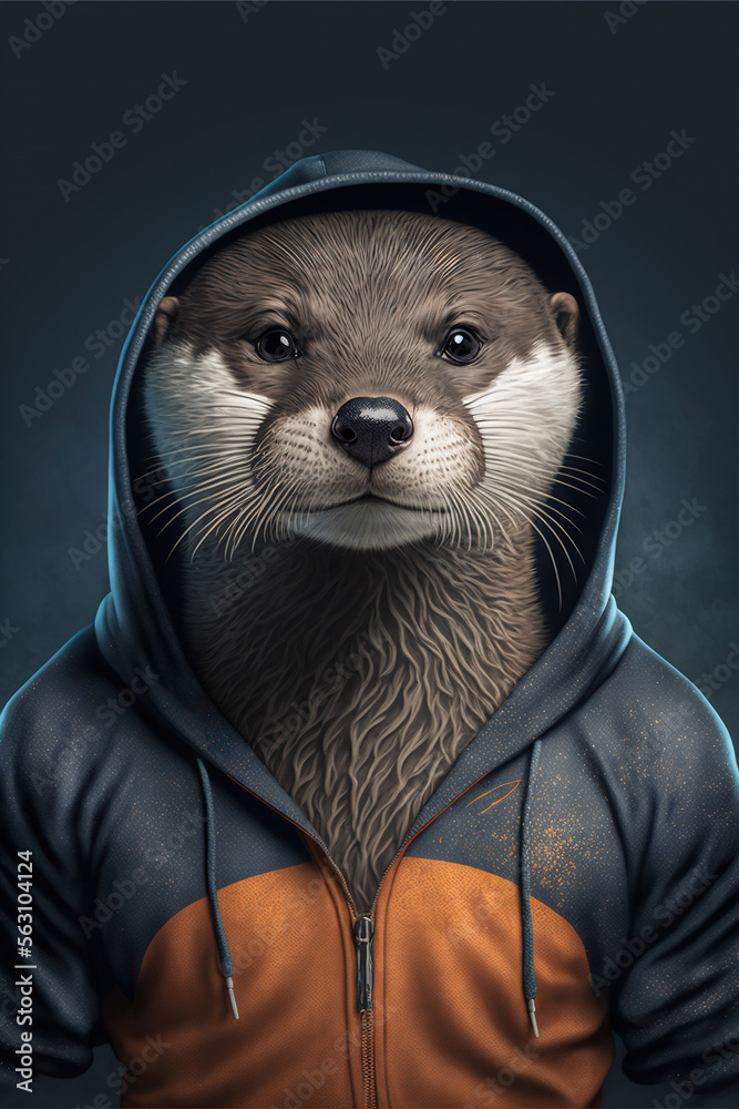 Poster a man in a hoodie with an otter on his face and a hoodie on his head, with a hoodie on his face, and