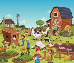 Cartoon farm with animals and farmers. Farm background.

