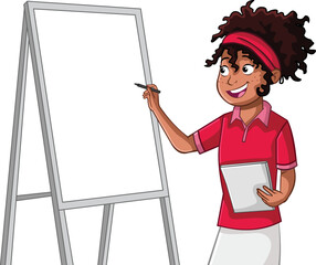 Cartoon black girl writing on board. Teenager student taking notes.
