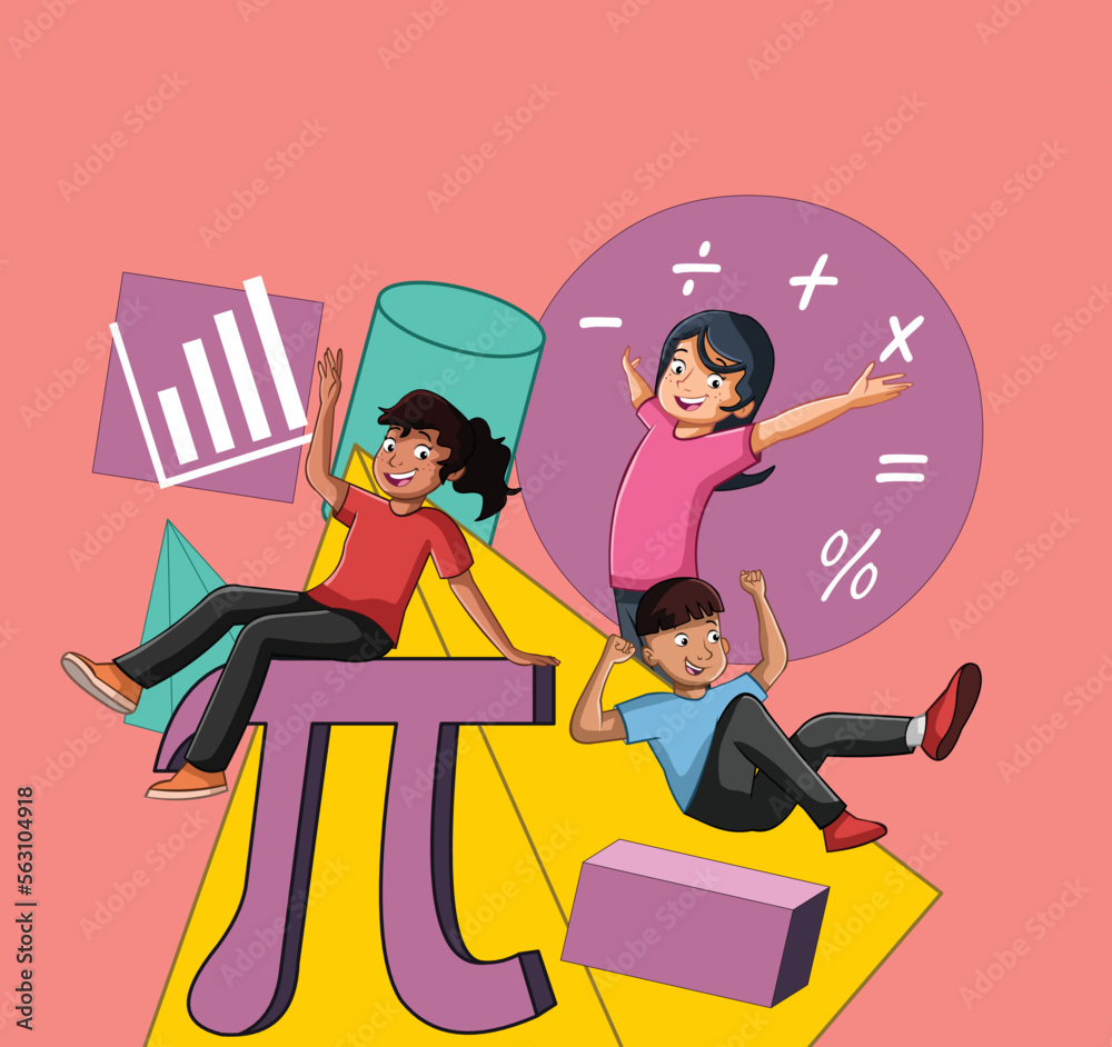 Wall mural cartoon teenagers with mathematics figures. kids having fun with algebra symbols and geometry figure