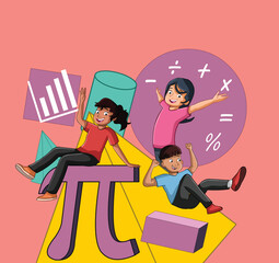 Cartoon teenagers with Mathematics figures. Kids having fun with Algebra symbols and geometry figures.