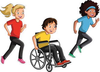 Cartoon teenagers running. Boy on Wheelchair running with friends. Girls jogging.
