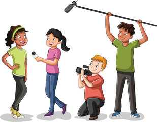 Cartoon teenagers interviewing a girl. Kids working as journalist, cameramen and audio recorder. - 563105154