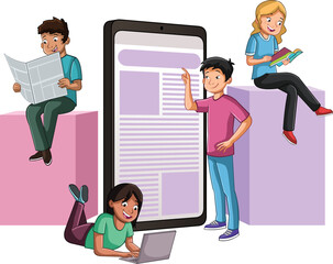 Cartoon teenagers reading newspaper, magazine, computer and smart phone. Students reading news.  - 563105300