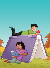 Cartoon teenagers reading books. Students reading over big book.
- 563105323