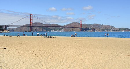 East Beach in background of Golden Gate Bridge. San Francisco, California